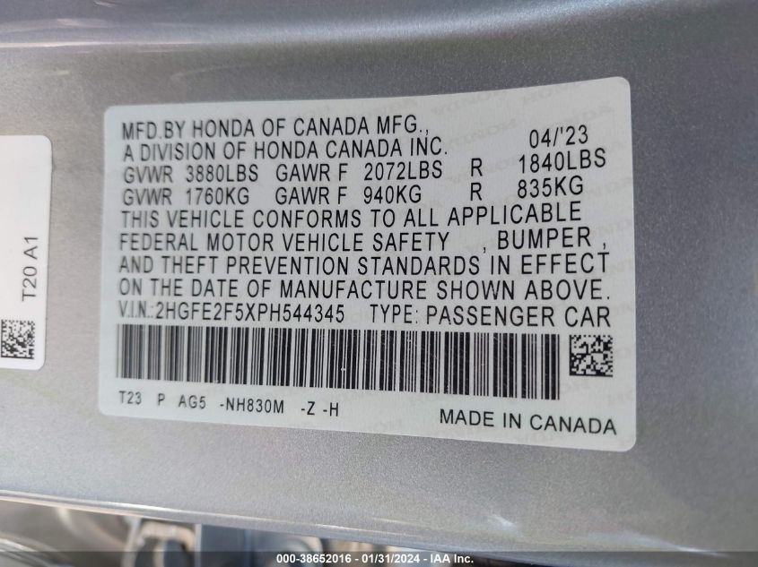 2023 HONDA CIVIC SPORT - 2HGFE2F5XPH544345