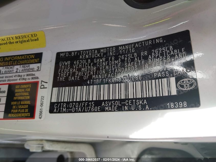 2017 TOYOTA CAMRY LE/XLE/SE/XSE - 4T1BF1FK8HU360686