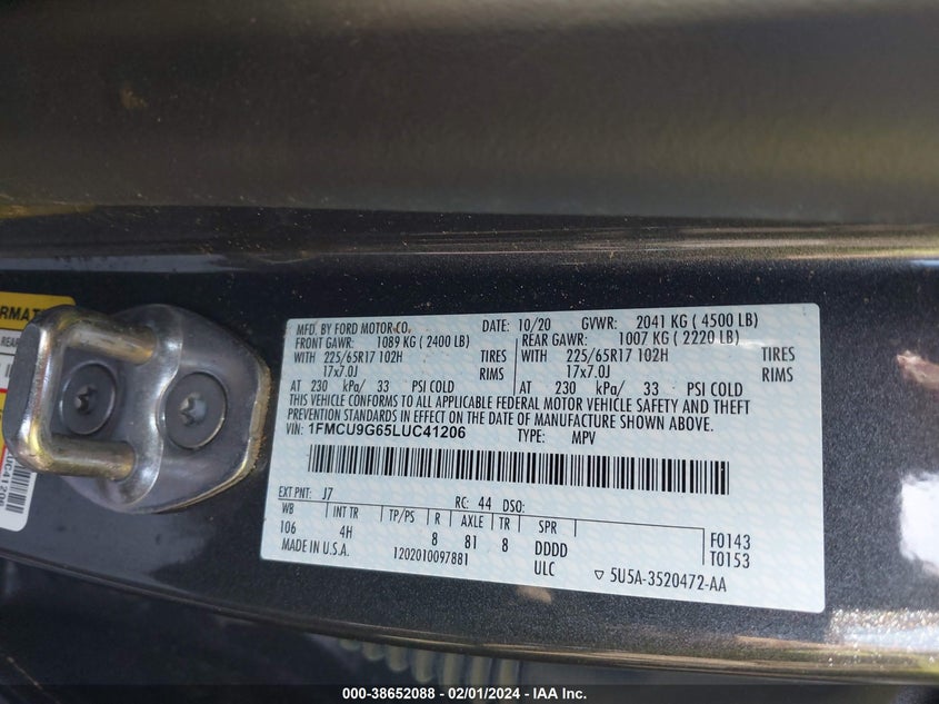 VIN 1FMCU9G65LUC41206 2020 FORD ESCAPE SE