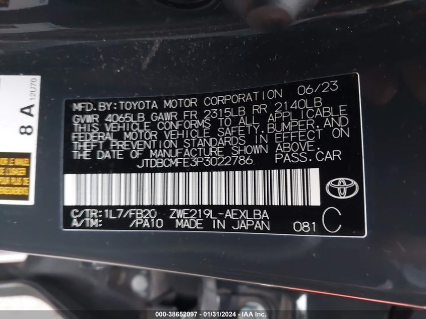 VIN JTDBCMFE3P3022786 2023 TOYOTA COROLLA HYBRID LE