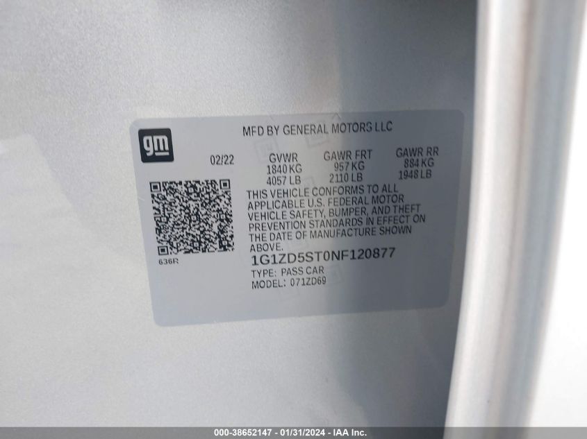 2022 CHEVROLET MALIBU FWD LT - 1G1ZD5ST0NF120877