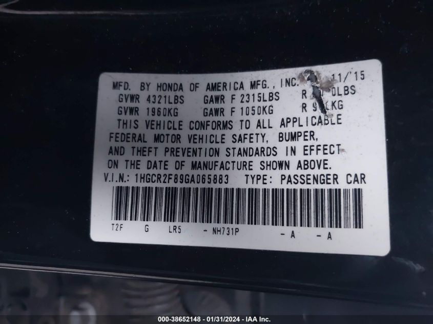 2016 HONDA ACCORD EXL - 1HGCR2F89GA065883