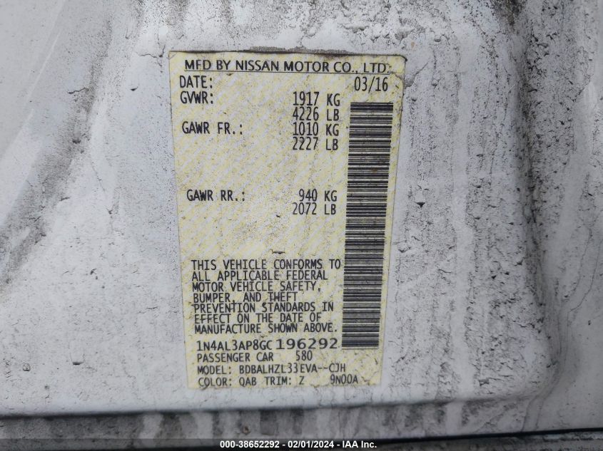 2016 NISSAN ALTIMA 2.5/S/SV/SL/SR - 1N4AL3AP8GC196292