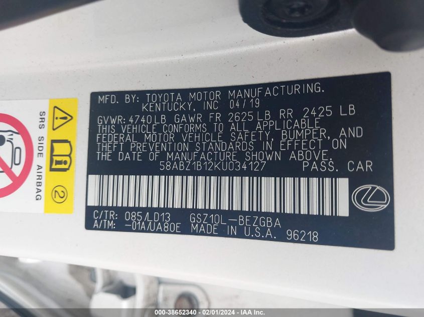 2019 LEXUS ES 350 350 - 58ABZ1B12KU034127
