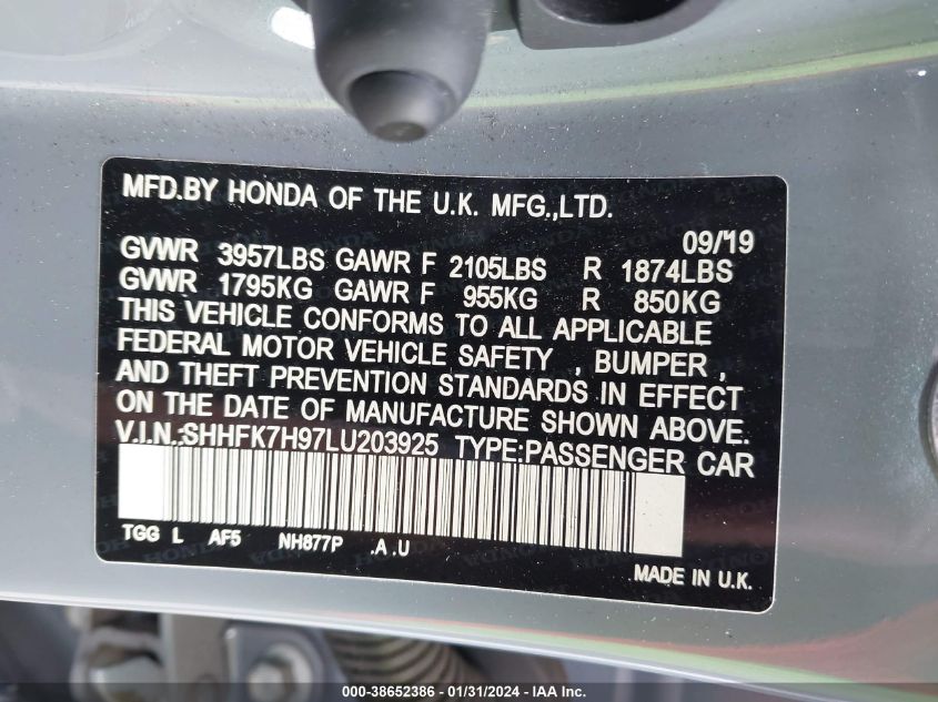 2020 HONDA CIVIC SPORT TOURING - SHHFK7H97LU203925