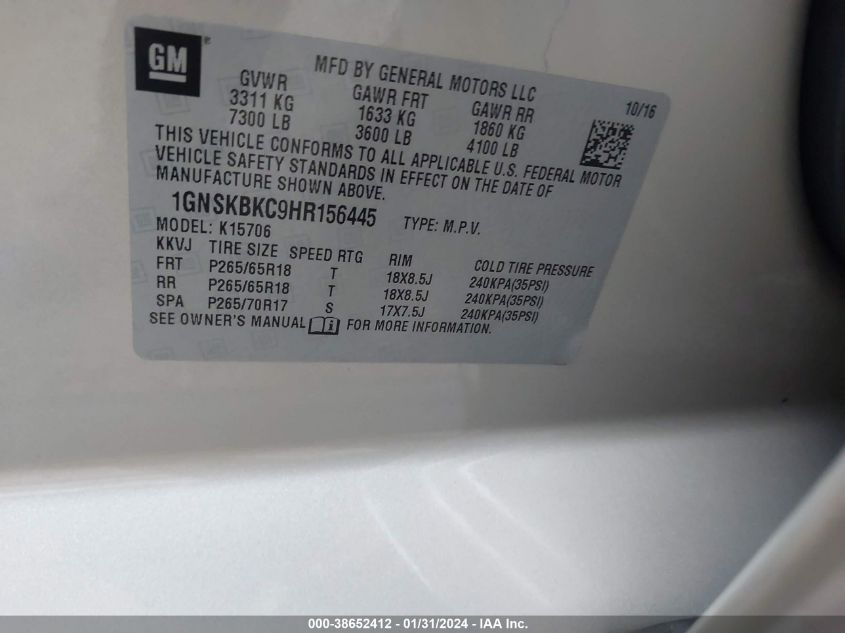 2017 CHEVROLET TAHOE LT - 1GNSKBKC9HR156445