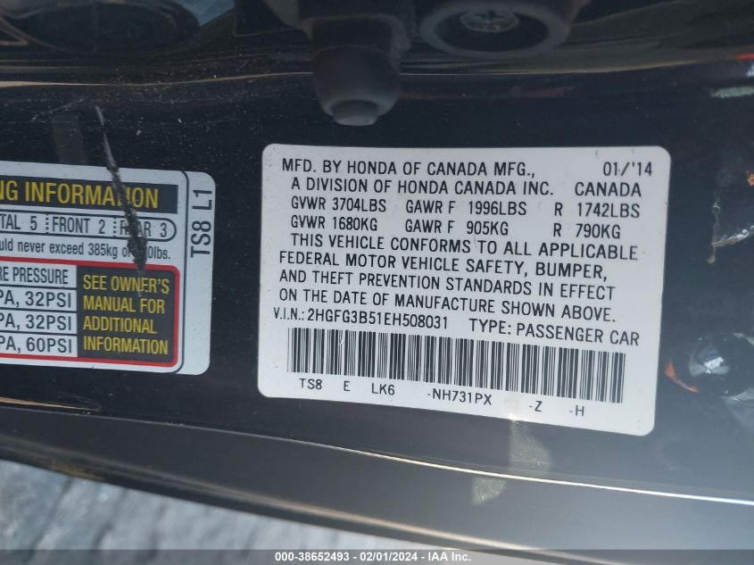 2014 HONDA CIVIC LX - 2HGFG3B51EH508031