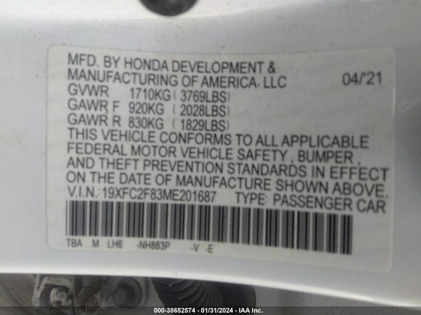 2021 HONDA CIVIC SPORT - 19XFC2F83ME201687