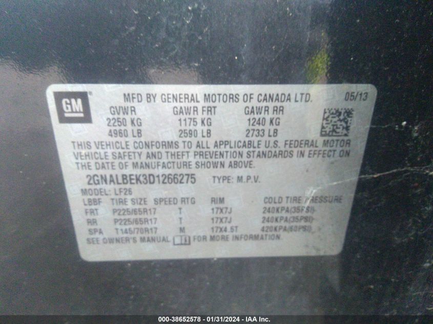 2013 CHEVROLET EQUINOX LS - 2GNALBEK3D1266275