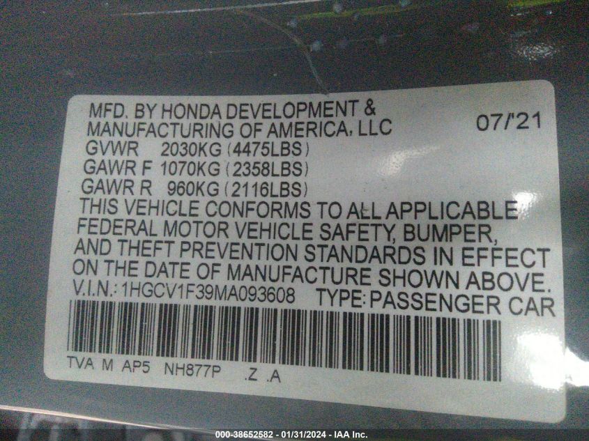 2021 HONDA ACCORD SPORT - 1HGCV1F39MA093608