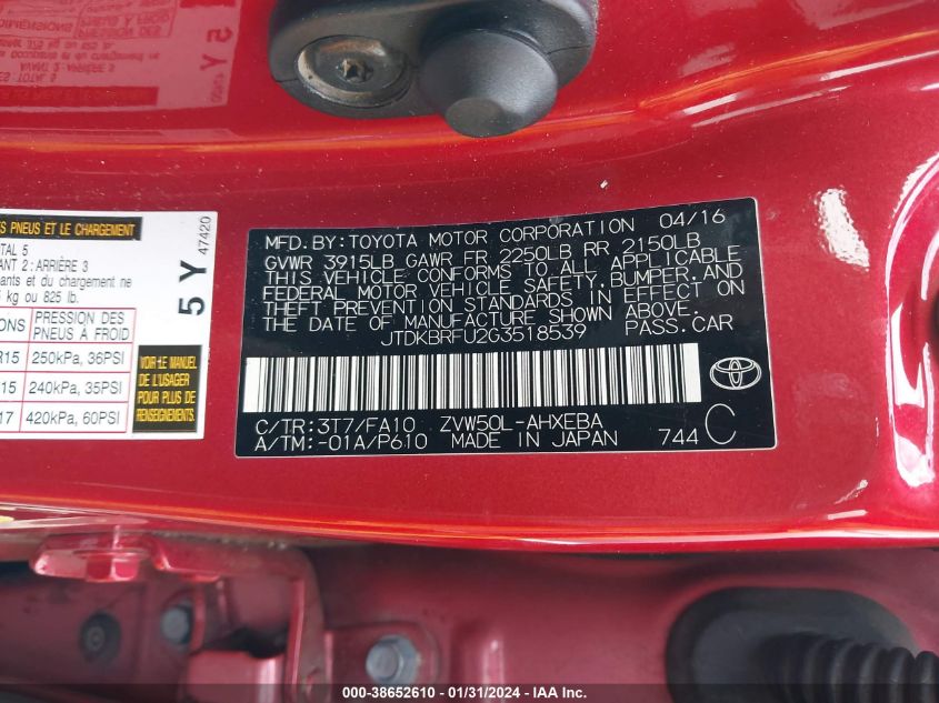 2016 TOYOTA PRIUS TWO - JTDKBRFU2G3518539