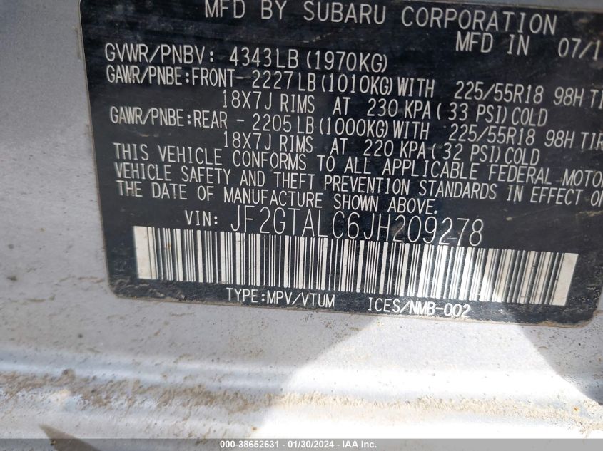 2018 SUBARU CROSSTREK 2.0I LIMITED - JF2GTALC6JH209278
