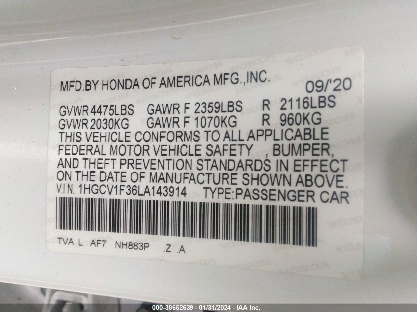 2020 HONDA ACCORD SPORT - 1HGCV1F36LA143914
