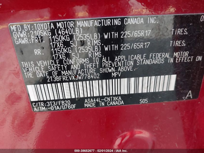 2018 TOYOTA RAV4 LE - 2T3BFREVXJW778402