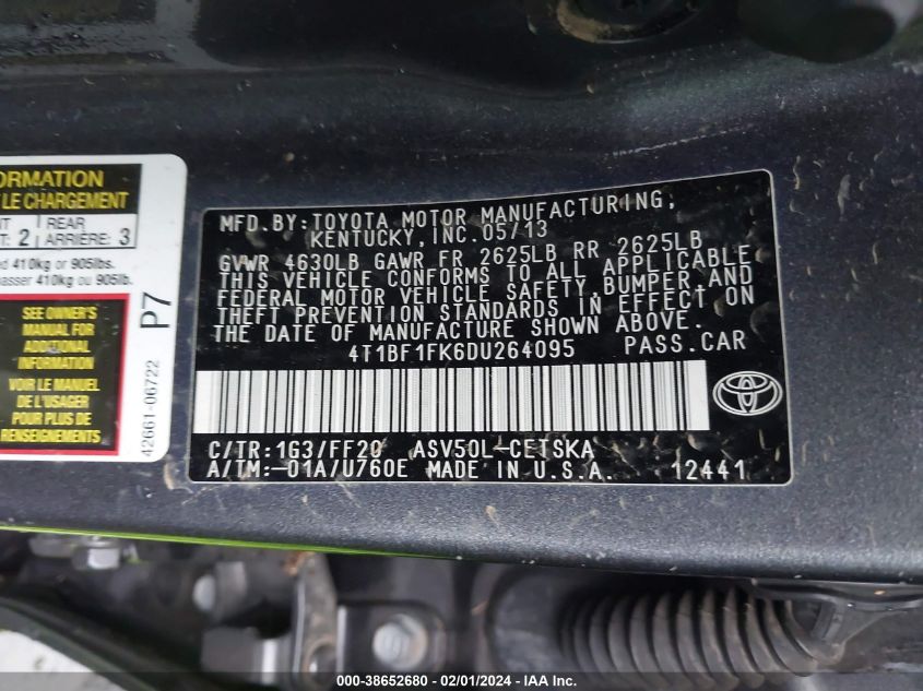 2013 TOYOTA CAMRY L/SE/LE/XLE - 4T1BF1FK6DU264095