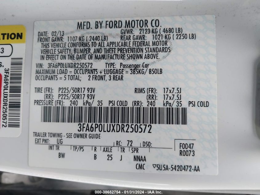 2013 FORD FUSION HYBRID SE - 3FA6P0LUXDR250572
