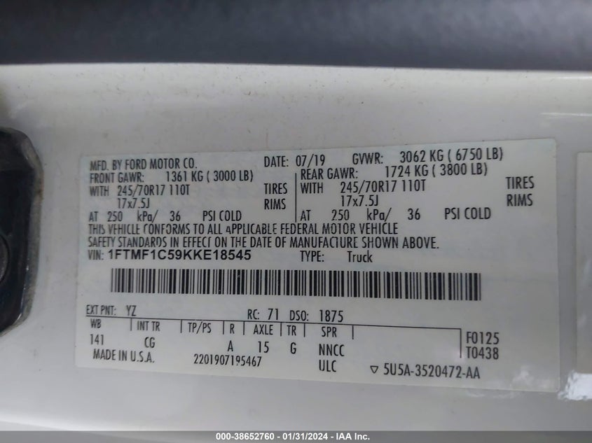 VIN 1FTMF1C59KKE18545 2019 FORD F-150 XL