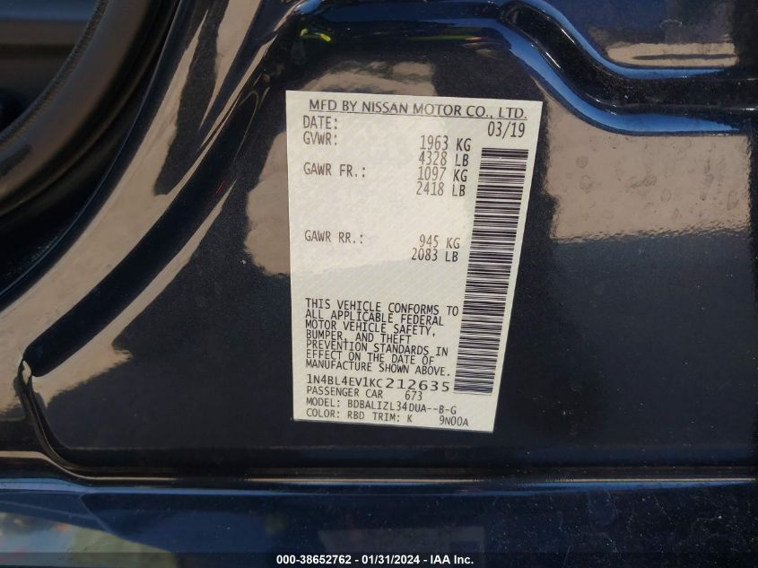 2019 NISSAN ALTIMA SL - 1N4BL4EV1KC212635