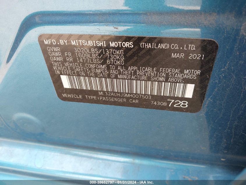 2021 MITSUBISHI MIRAGE ES/LE/CARBONITE EDITION - ML32AUHJ9MH007503