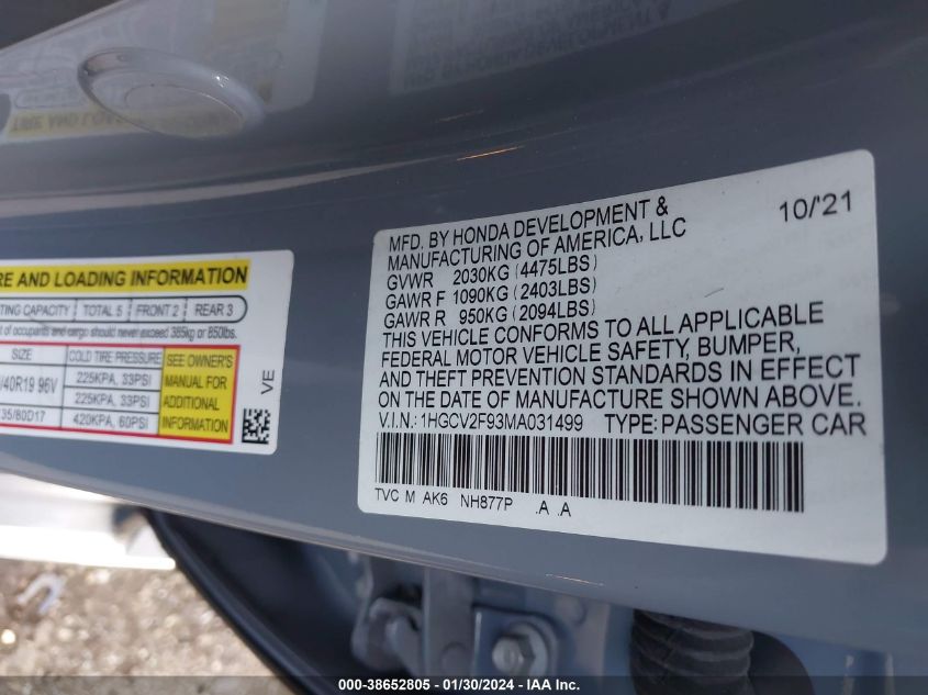 2021 HONDA ACCORD TOURING - 1HGCV2F93MA031499