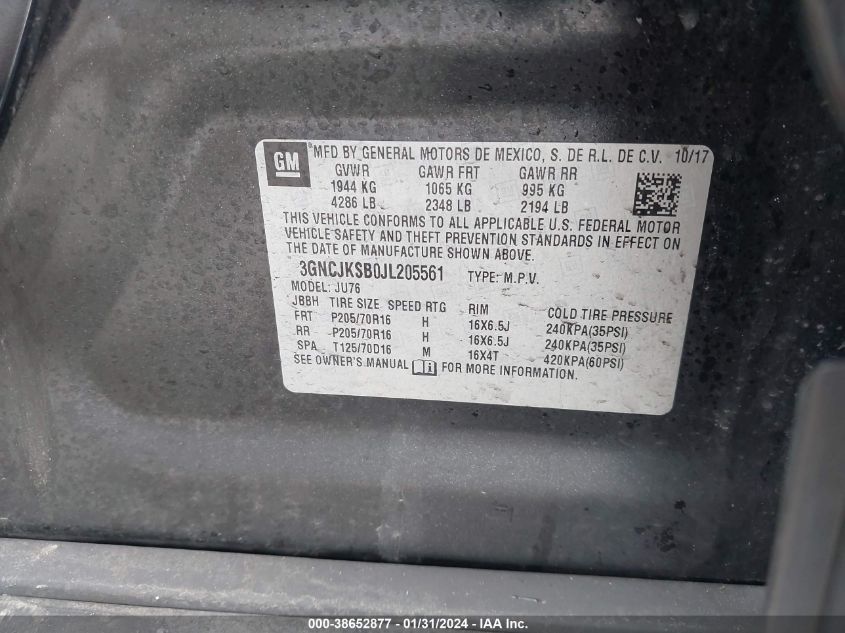 2018 CHEVROLET TRAX LT - 3GNCJLSB3JL305532