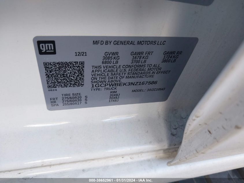 2022 CHEVROLET SILVERADO 1500 LTD 2WD  SHORT BED CUSTOM - 1GCPWBEK3NZ167586