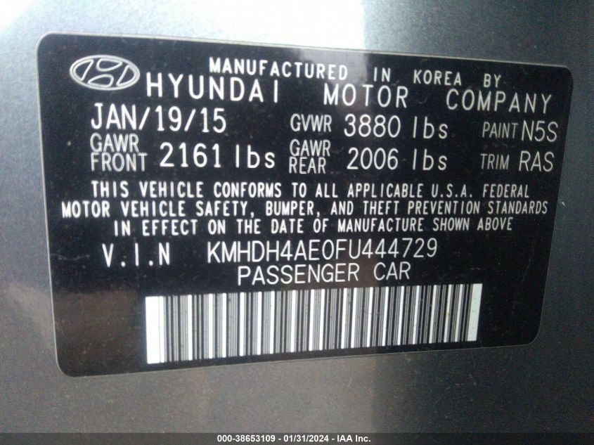2015 HYUNDAI ELANTRA SE (ULSAN PLANT) - KMHDH4AE0FU444729