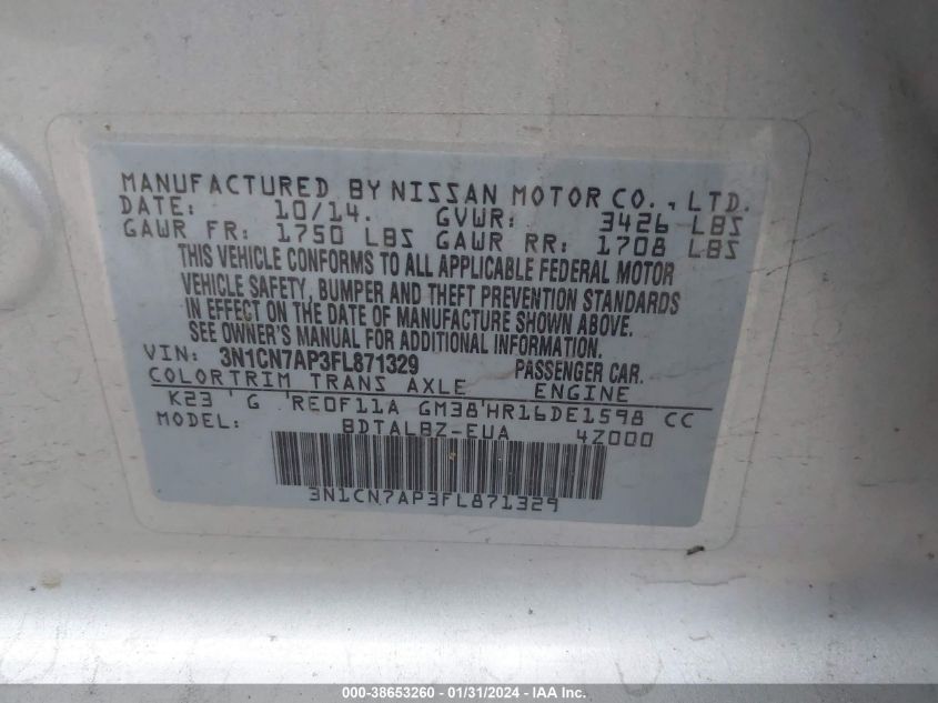 2015 NISSAN VERSA 1.6 SV - 3N1CN7AP3FL871329