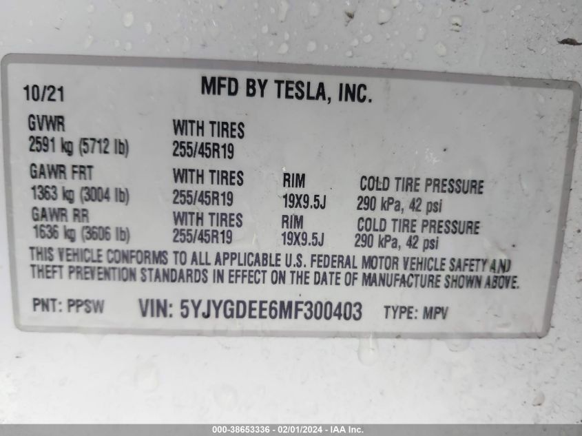 2021 TESLA MODEL Y - 5YJYGDEE6MF300403