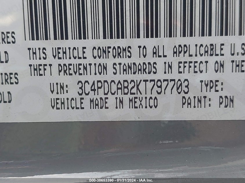 VIN 3C4PDCAB2KT797703 2019 DODGE JOURNEY SE VALUE PACKAGE