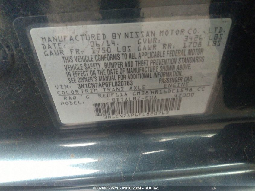 2015 NISSAN VERSA 1.6 SV - 3N1CN7AP6FL820763