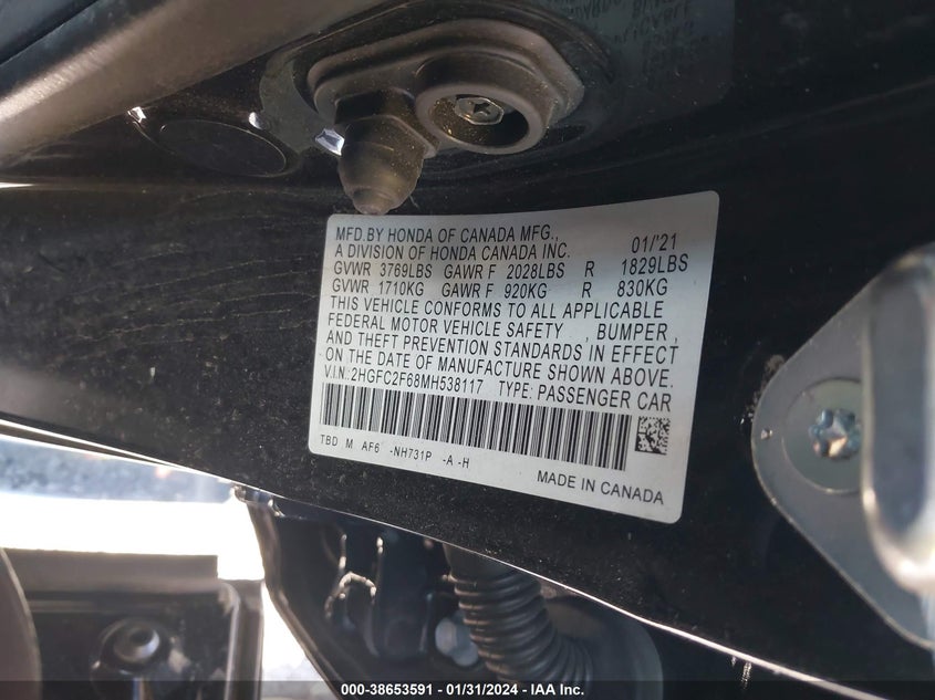 VIN 2HGFC2F68MH538117 2021 HONDA CIVIC LX