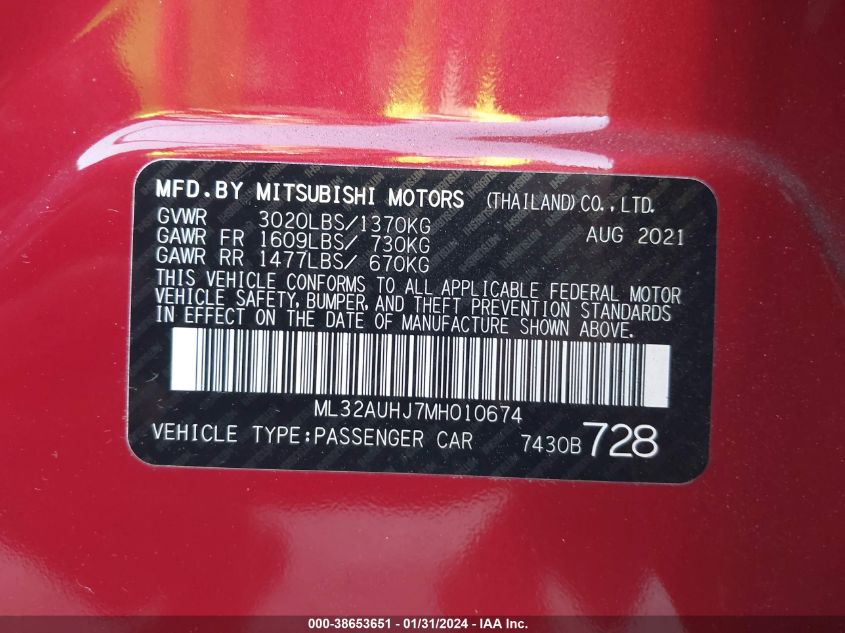 2021 MITSUBISHI MIRAGE CARBONITE EDITION/ES/LE - ML32AUHJ7MH010674