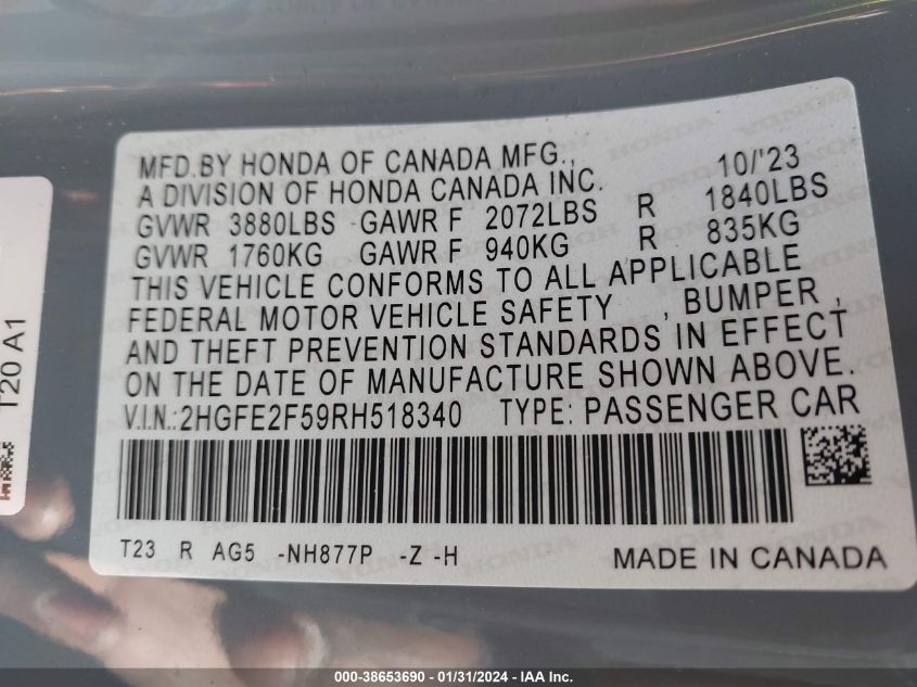 2024 HONDA CIVIC SPORT - 2HGFE2F59RH518340