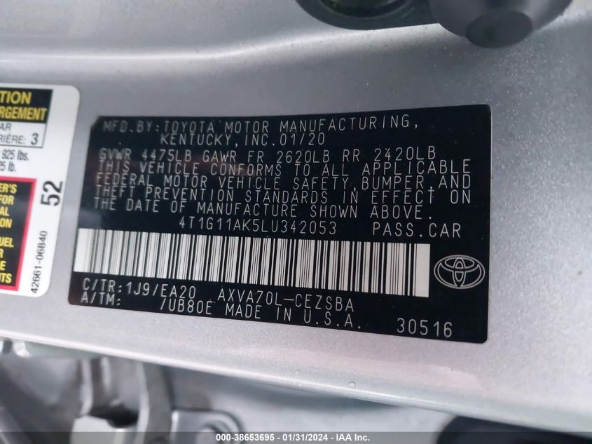 2020 TOYOTA CAMRY SE/SE NIGHT SHADE - 4T1G11AK5LU342053