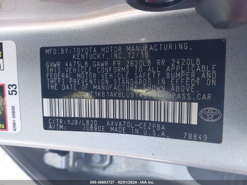 2020 TOYOTA CAMRY XSE - 4T1K61AK8LU914910