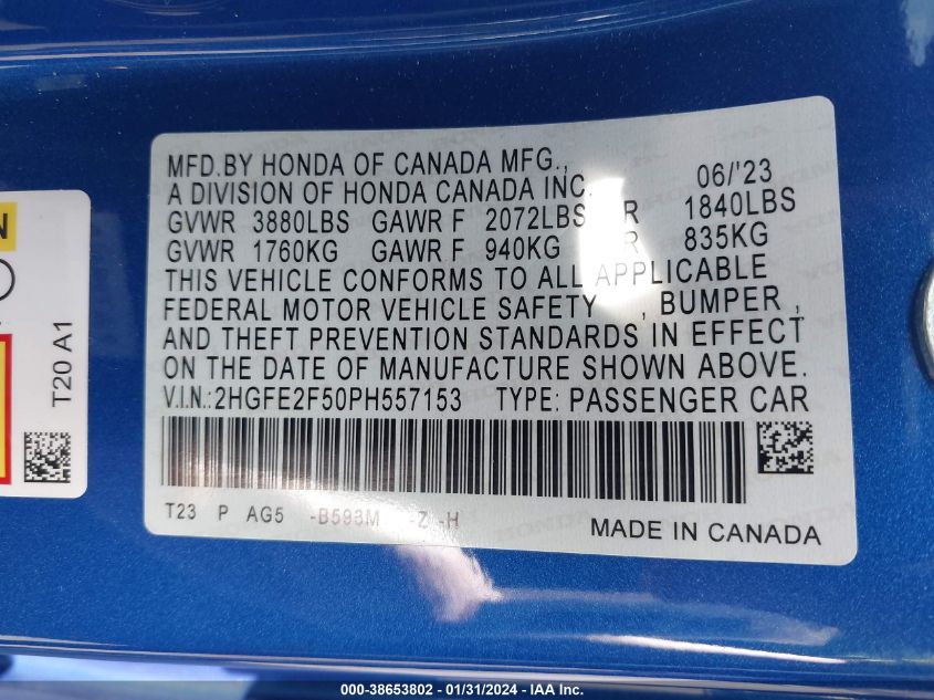 2023 HONDA CIVIC SPORT - 2HGFE2F50PH557153