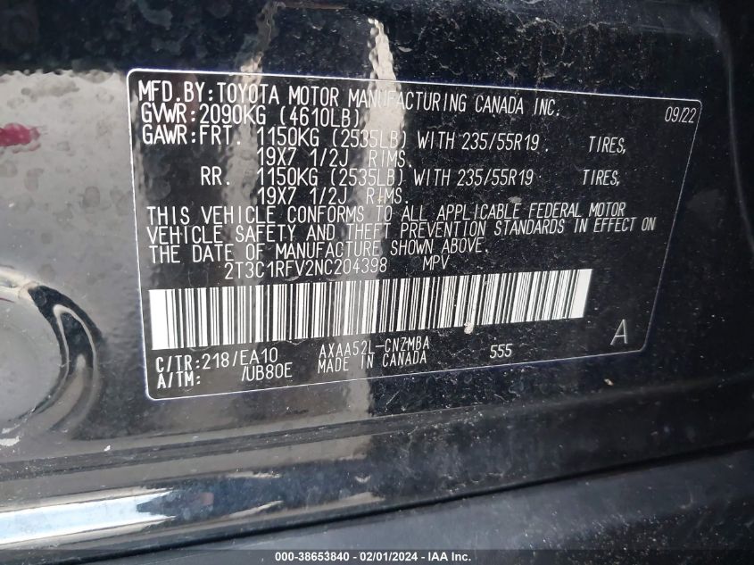 2022 TOYOTA RAV4 XLE PREMIUM - 2T3C1RFV2NC204398