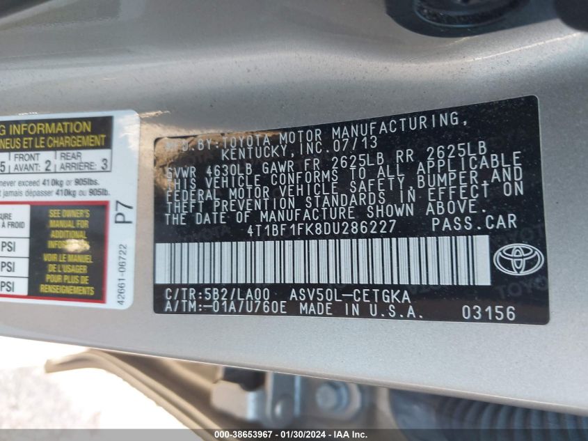 2013 TOYOTA CAMRY XLE - 4T1BF1FK8DU286227