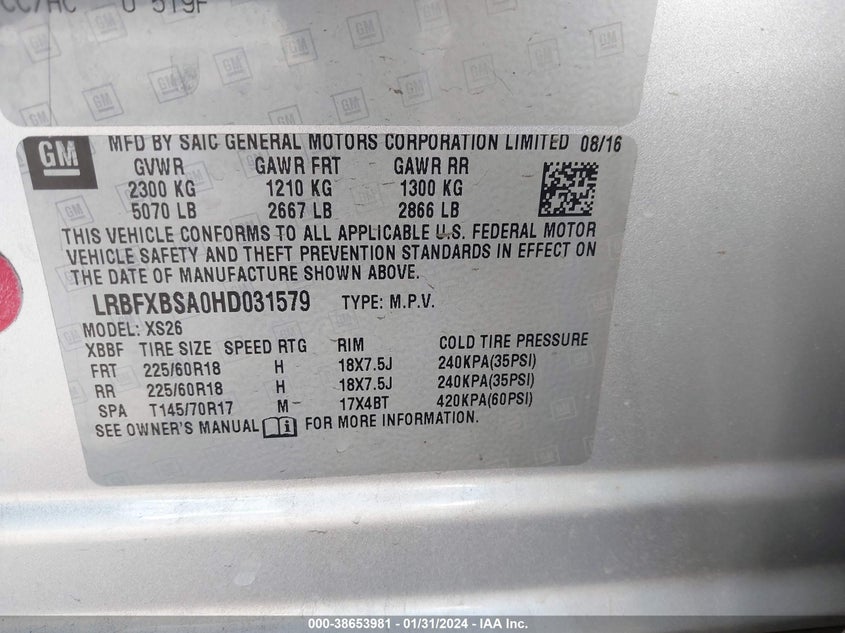 VIN LRBFXBSA0HD031579 2017 BUICK ENVISION ESSENCE