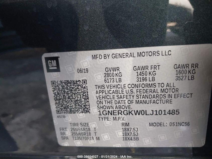 2020 CHEVROLET TRAVERSE FWD LT CLOTH - 1GNERGKW0LJ101485