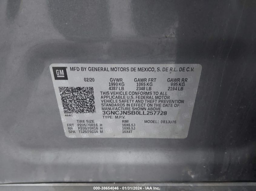 2020 CHEVROLET TRAX AWD LS - 3GNCJNSB0LL257728