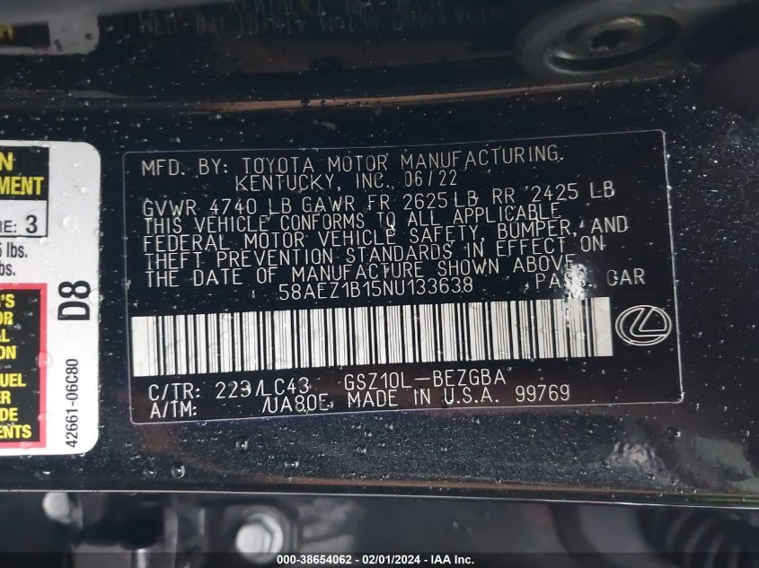 2022 LEXUS ES 350 LUXURY - 58AEZ1B15NU133638