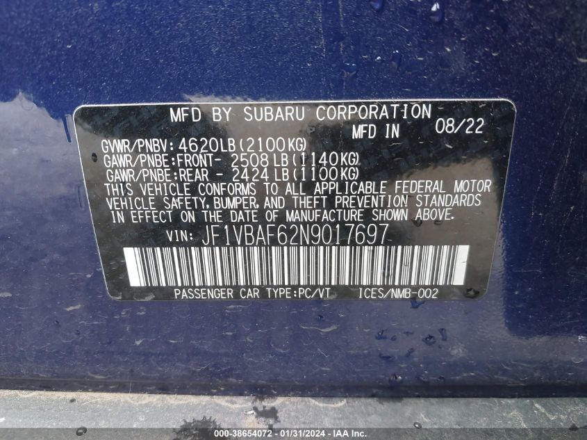 2022 SUBARU WRX PREMIUM - JF1VBAF62N9017697