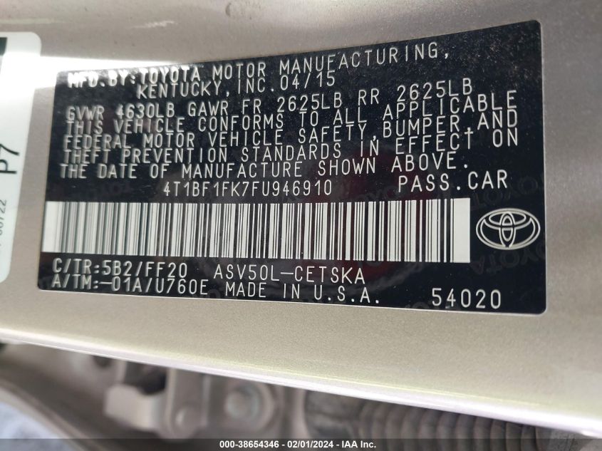 2015 TOYOTA CAMRY LE/XLE/SE/XSE - 4T1BF1FK7FU946910