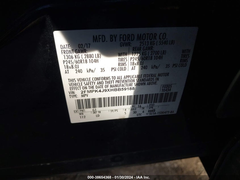 VIN 2FMPK4J9XHBB59188 2017 FORD EDGE SEL