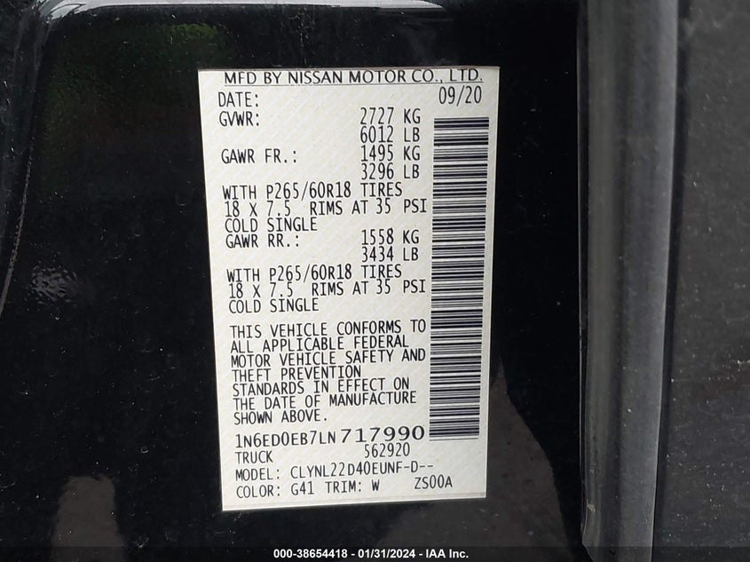 VIN 1N6ED0EB7LN717990 2020 NISSAN FRONTIER SV 4X4