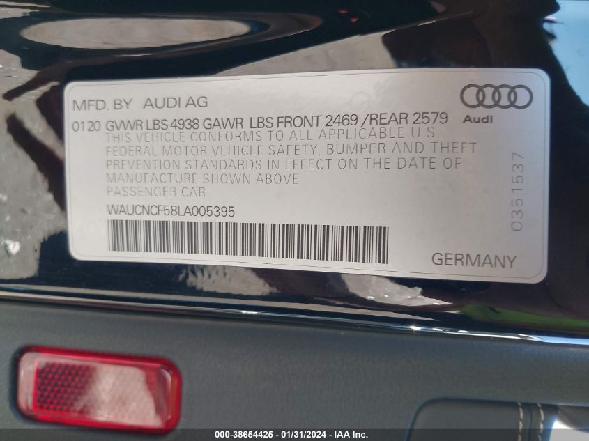 2020 AUDI A5 SPORTBACK PREMIUM PLUS 45 TFSI QUATTRO S TRONIC - WAUCNCF58LA005395