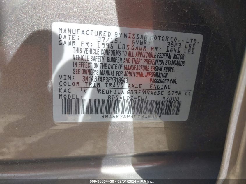 2015 NISSAN SENTRA S/SV/SR/SL - 3N1AB7AP3FY318943