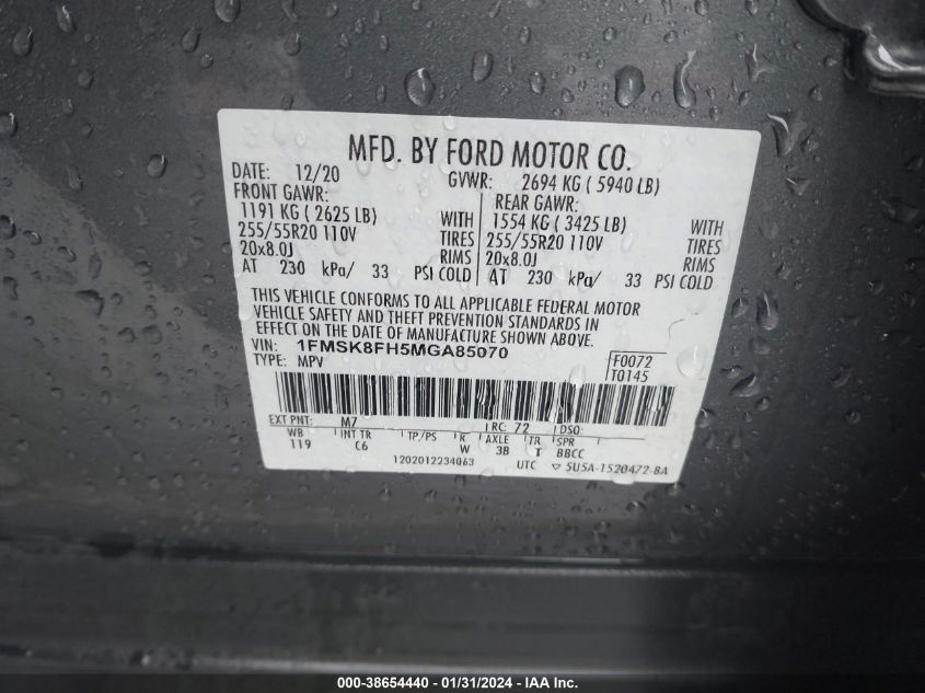 2021 FORD EXPLORER LIMITED - 1FMSK8FH5MGA85070